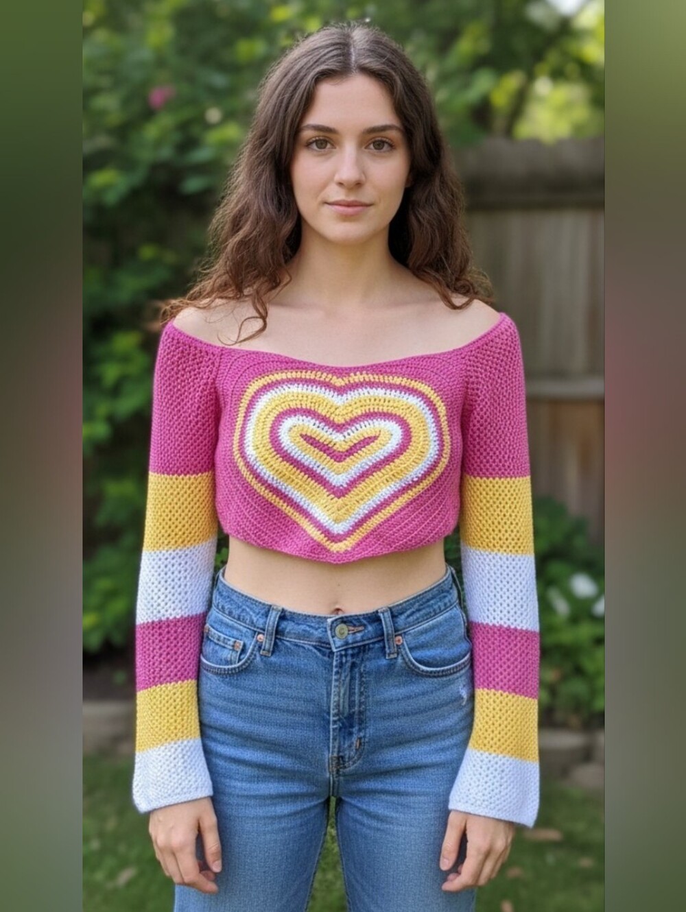 Fashion Nova Pink Cropped Off-Shoulder Heart Stripe Sweater #SW1